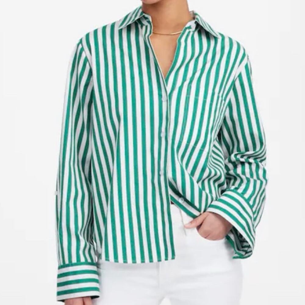 Madewell Poplin Easy Y-Neck Button Up Shirt NWT Striped Green White Size XXS